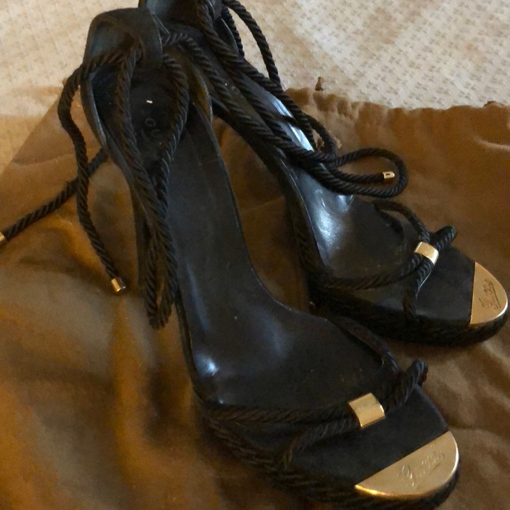 Gucci Strappy Black Suede Heels with and Gold Metal Hardware/Details